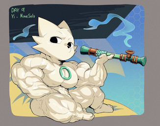 3_toes abs abstract_background anthro biceps big_eyes big_muscles big_pecs black_eyes black_nose border butt cheek_tuft claws convenient_censorship count day_count deltoids facial_tuft featureless_chest feet fingers forearm_muscles foreshortening fur grey_border head_tuft hexagon_background holding_object huge_muscles hyper hyper_muscles light looking_aside looking_aside_at_viewer male mouthless muscular muscular_arms muscular_legs muscular_male neutral_expression no_irises nude number pecs plantar_flexion pointy_ears pronounced_browridge quads ring shadow short short_male sitting sitting_on_ground small_nose smoke smoking smoking_pipe solo spread_legs spreading text thick_thighs three-quarter_view toes triceps tuft white_body white_fur white_sclera crimsonrabbit nine_sols red_candle_games yi_(nine_sols) felid feline mammal solarian 2024 character_name digital_media_(artwork) full-length_portrait hi_res lighting line_art portrait shaded shaded_line_art