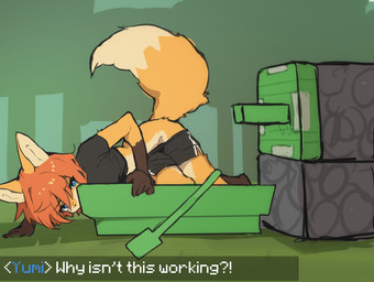 5_fingers anthro biped blue_eyes chat_box female fingers fucking_machine fur grass hair machine orange_body orange_fur orange_hair outside plant solo sticky_piston text lilkon microsoft minecraft minecraft_sheep_fucker mojang xbox_game_studios yumi_(lilkon) canid canine fox mammal 2025 cool_colors digital_media_(artwork) english_text hi_res warm_colors