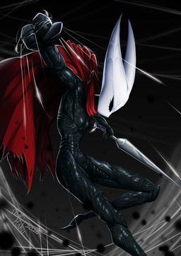 big_breasts black_body black_eyes breasts female horn slim solo bakuhaku hollow_knight_(franchise) team_cherry hornet_(hollow_knight) arthropod humanoid insect hi_res