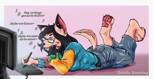 anthro belt black_hair bottomwear brown_eyes claws clothing denim denim_bottomwear denim_clothing drawing_pen drawing_tablet electronics eyewear feet female fur glasses hair hindpaw jeans lying monitor on_front pants paws shirt singing solo tablet tablet_pen tan_body tan_fur teeth text topwear osiriix canid canine mammal hi_res spanish_text translated