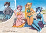 accessory anthro bath_towel beach bikini bikini_bottom bikini_top black_clothing black_topwear blonde_hair blue_body blue_bottomwear blue_clothing blue_eyes blue_fur blue_shorts blue_sky blush blush_lines bottomwear brown_hair clothing cloud collar ear_piercing female fur green_eyes grey_body grey_fur group hair hair_accessory hairclip heart_hair_accessory male male/female orange_body orange_clothing orange_fur outside piercing pink_body pink_eyes pink_fur pink_hair purple_bottomwear purple_clothing purple_hair purple_shorts scape sea seaside shorts sky smile swimwear topwear towel turquoise_clothing two-piece_swimsuit water leptitsuisse1912_(lepetithelvete) geronimo_stilton_(series) thea_sisters alicia_(thea_sisters) connie_(thea_sisters) fan_character zoe_(thea_sisters) mammal mouse murid murine rodent hi_res