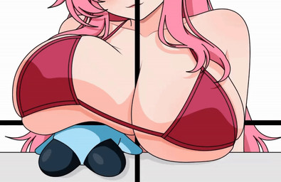 big_breasts bikini breast_crush breasts clothing hair pink_hair red_bikini red_clothing red_swimwear simple_background swimwear two-piece_swimsuit white_background minhart hololive hololive_en vtuber chattino_(hololive) raora_panthera animal_humanoid felid felid_humanoid humanoid mammal mammal_humanoid pantherine pantherine_humanoid animated