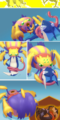 ambiguous_gender belly big_belly blue_background blue_body duo green_eyes internal long_tongue multi_limb oral_vore overweight simple_background tongue tongue_out vore yellow_body wittnv nintendo pokemon amphibian arachnid arthropod frog galvantula generation_5_pokemon generation_6_pokemon greninja pokemon_(species) spider 2015 absurd_res comic hi_res