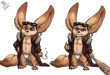 3_toes 4_fingers angry anthro baseball_bat bat_(object) big_ears bottomless brown_eyes cigarette clothed clothing ear_piercing ear_ring eyewear feet fingers fur gesture gold_(metal) gold_ear_ring hand_gesture holding_cigarette holding_object jacket jacket_only looking_at_viewer male middle_finger piercing ring_piercing solo spiked_bat sunglasses tan_body tan_fur toes topwear topwear_only underwear fennephilim_fox disney zootopia finnick_(zootopia) canid canine fennec_fox fox mammal true_fox hi_res