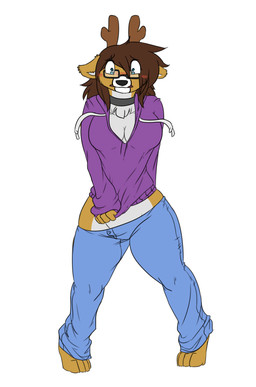 anthro barefoot bottomwear breasts brown_body brown_fur brown_hair choker clothing eyewear feet female front_view fur glasses hair hoodie horn implied_transformation jewelry necklace pants purple_clothing purple_hoodie purple_topwear simple_background solo topwear wardrobe_malfunction white_background robertge deer mammal 2013 hi_res