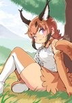 big_breasts breasts brown_hair clothing cloud female footwear grass hair legwear looking_at_viewer mountain orange_clothing orange_footwear plant purple_eyes sitting smile solo thigh_highs tree banubeefriends kemono_friends caracal_(kemono_friends) animal_humanoid caracal_humanoid felid felid_humanoid feline feline_humanoid humanoid mammal mammal_humanoid 2019 absurd_res hi_res