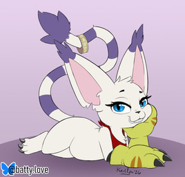 black_claws blue_eyes claws clothing female gloves handwear kerchief lying neckerchief neckwear notched_ear on_front purple_background simple_background slightly_chubby slightly_chubby_female smile smiling_at_viewer tail kerilyn bandai_namco digimon digimon_(species) felid feline gatomon mammal 2026 signature watermark