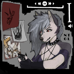 5_fingers anthro black_clothing black_gloves black_handwear black_lips black_nose breasts cellphone cheek_tuft choker claws clothed clothing collar crop_top electronics eyebrows eyelashes facial_tuft female fingerless_gloves fingers fur gloves grey_body grey_fur grey_hair grin gui hair handwear inner_ear_fluff jewelry lips long_hair makeup mascara necklace phone poster_(object) purple_clothing purple_crop_top purple_shirt purple_topwear red_sclera shirt smartphone smile smiling_at_viewer solo spiked_choker spiked_collar spikes tail teeth topwear tuft volume_bar white_body white_eyes white_fur nightingale_hrt alice_in_chains finger_eleven hellaverse helluva_boss korn mythology loona_(helluva_boss) canid canid_demon canine canis demon hellhound mammal mythological_canine mythological_creature 1:1 absurd_res album_cover cover hi_res