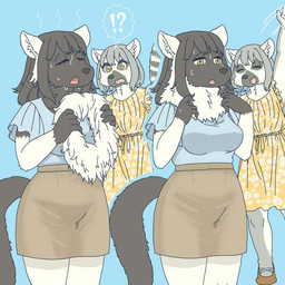 anthro bottomwear clothed clothing duo female interrobang kemono neck_tuft skirt tuft ekaki510 black_lemur lemur mammal primate ring-tailed_lemur strepsirrhine 1:1