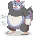 belly humanoid_hands male mohawk overweight overweight_male simple_background solo speech_bubble aqui paqaaqap level-5 yo-kai_watch canid canine mammal raccoon_dog tanuki 2017