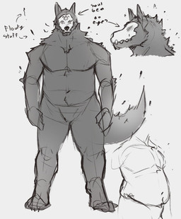 anthro arm_tuft belly big_belly bone elbow_tuft featureless_crotch front_view male male_anthro navel neck_tuft nude overweight overweight_anthro overweight_male shoulder_tuft side_view skull skull_head solo standing tail tuft jezzlen caligo_(jezzlen) canid canine mammal hi_res monochrome sketch
