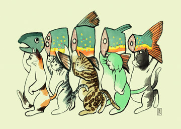 ambiguous_gender anthro biped bone eyes_closed fish_tail food green_body group holding_object lining_up logo markings meat open_mouth queue severed_body_part simple_background spots spotted_body standing striped_body stripes tan_background whiskers white_body boarboy aquatic domestic_cat felid feline felis fish mammal trout absurd_res artist_logo hi_res