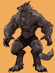 2022 abs anthro arm_tuft biped black_bottomwear black_claws black_clothing black_nose black_shorts bottomwear brown_body brown_fur canid canine canis cheek_tuft chest_tuft claws clothing crotch_tuft digitigrade dopq elbow_tuft facial_tuft fangs finger_claws fluffy front_view full-length_portrait fur hi_res looking_at_viewer male mammal muscular muscular_anthro muscular_male mythological_canine mythological_creature mythology orange_background pecs portrait pose sharp_teeth shorts shorts_only simple_background smile solo teeth toe_claws torn_bottomwear torn_clothing torn_shorts tuft were werecanid werecanine werewolf wolf yellow_sclera
