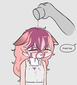 abuse anthro beverage bodily_fluids breasts bullying clothed clothing container cruelty crying cup dialogue dress duo ears_down female hair humiliation insult long_hair messy_hair on_model pivoted_ears pouring_liquid sad small_breasts solo_focus speciesism tears e254e fur_(theterm) canid canine canis domestic_dog mammal absurd_res hi_res