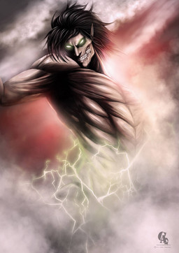 black_hair electricity glowing glowing_eyes green_eyes hair humanoid_pointy_ears lightning male muscular muscular_humanoid muscular_male pale_skin pointy_ears smoke solo steam anetachalimoniuk attack_on_titan eren_jaeger humanoid monster titan_(attack_on_titan) 2013