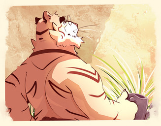 anthro biped black_eyebrows container cup eyebrows eyewear fur glasses holding_container holding_cup holding_mug holding_object male mouth_closed mug nude overweight overweight_anthro overweight_male plant rear_view round_glasses solo standing striped_arms striped_neck yellow_body yellow_fur chocolateandmilk felid mammal digital_media_(artwork) half-length_portrait portrait
