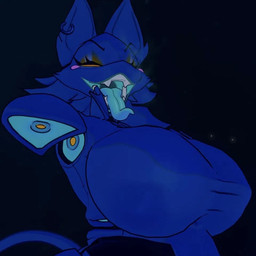 anthro bedroom_eyes big_breasts blue_tongue breast_focus breasts ear_piercing female glowing glowing_eyes glowing_tongue huge_breasts narrowed_eyes open_mouth orange_eyes piercing seductive solo tongue deltarune undertale_(series) tasque_manager 1:1 tagme
