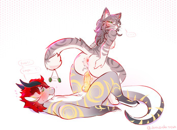 anthro bangs bodily_fluids brown_body brown_fur brown_hair butt cum cum_inside cumshot duo ejaculation female fur genital_fluids hair horn hypnosis hypnotic_eyes long_hair male male/female markings mind_control nervous nervous_smile on_bottom on_top red_hair reverse_cowgirl_position sex simple_background spread_butt spreading striped_body striped_fur striped_markings stripes whiskers white_background demibido mythology amto_(demibido) domestic_cat dragon felid feline felis hybrid kobold mammal mythological_creature mythological_scalie scalie hi_res