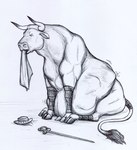 belly big_belly clothing duo feral feral_pred forced fully_inside hat headgear headwear horn male male_pred melee_weapon sitting sword tail tail_wraps unwilling_prey vore weapon wraps thatgryphonguy grayffo bovid bovine cattle mammal traditional_media_(artwork)