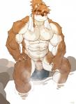 anthro barazoku biped blush bodily_fluids cum erection eyebrows eyewear genital_fluids genitals goggles humanoid_genitalia humanoid_penis kemono looking_at_viewer male muscular muscular_anthro muscular_male nipples penis sitting solo towel water wasp_(artist) epic7 cartuja mammal 2019 absurd_res hi_res