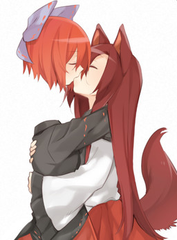 accessory black_clothing black_shirt black_topwear bow_ribbon brown_ears brown_hair brown_tail clothing dress duo eyes_closed female floating_head hair hair_accessory hair_bow hair_ribbon hug hugging_another kiss_on_lips kissing red_hair ribbons shirt side_view simple_background tail topwear white_background white_clothing white_dress akagashi_hagane touhou kagerou_imaizumi sekibanki animal_humanoid canid canid_humanoid canine canine_humanoid humanoid mammal mammal_humanoid wolf_humanoid unavailable_at_source