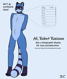 anthro attribute_slider blue_body blue_fur body_modification fur machine male robotic slim slim_anthro solo standing text zerocloak ali_(zerocloak) mammal procyonid raccoon robot robot_anthro absurd_res english_text hi_res