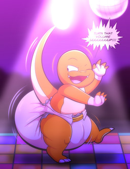 anthro big_diaper blue_fire clean_diaper clothed clothed_anthro clothed_male clothing colored_fire dance_floor dancing dialogue diaper diaper_only disco disco_ball fire gloves handwear male male_anthro motion_lines nightclub one_eye_closed raised_tail solo standing tail topless wearing_diaper white_diaper tepigfan101 nintendo pokemon coal_the_charmander charmander generation_1_pokemon pokemon_(species) 2025 absurd_res digital_media_(artwork) hi_res
