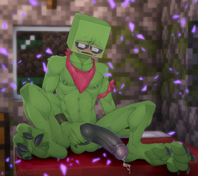 abs animal_genitalia animal_penis anthro armband balls bed bedroom_eyes big_balls big_penis black_claws black_penis blush bodily_fluids canine_genitalia canine_penis chest_(container) claws cum cute_fangs fangs feet fluffy furniture genital_fluids genitals green_body green_skin humanoid_genitalia humanoid_penis hybrid_genitalia hybrid_penis inside kerchief knot knotted_humanoid_penis knotted_penis male muscular muscular_male narrowed_eyes nipples on_bed pawpads paws penis penis_grab seductive sitting soles solo teeth torch window deuzion microsoft minecraft mojang xbox_game_studios creeper_(minecraft) hi_res