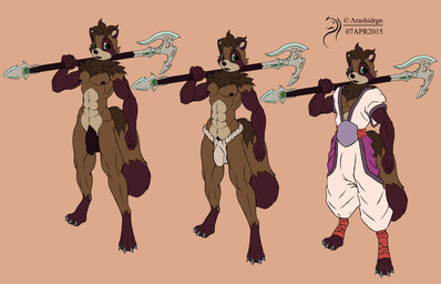 abs anthro areola asian_clothing axe balls battle_axe biceps big_balls big_penis biped black_areola black_nipples black_penis brown_body brown_fur bulge claws clothed clothing east_asian_clothing emerald_(gem) fantasy_weapon flaccid fully_clothed fundoshi fur gem genitals hair japanese_clothing male mane melee_weapon muscular muscular_anthro muscular_male nipples nude off/on pecs penis solo standing topless underwear weapon wraps arashidrgn canid canine mammal raccoon_dog tanuki 2015 model_sheet multiple_versions