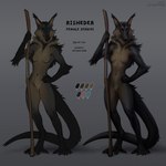 anthro blue_eyes breasts brown_body brown_fur crotch_tuft featureless_breasts female fluffy fur navel nude simple_background solo staff standing stick text tuft lostgoose canid canine mammal 1:1 2023 english_text hi_res model_sheet