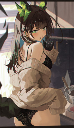 5_fingers black_bra black_clothing black_underwear bra breasts butt clothing female fingers green_eyes hair inside kitchen looking_at_viewer looking_back looking_back_at_viewer solo sweater tail tongue tongue_out topwear underwear window shikyou_yoru arknights hypergryph studio_montagne mon3tr_(arknights) humanoid absurd_res digital_media_(artwork) hi_res