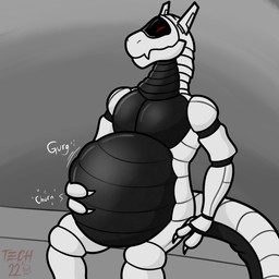 abdominal_bulge anthro belly big_belly bodily_noises churn death digestion digestion_noises fatal_vore grey_background long_tail machine male male_pred rumbling_stomach simple_background sitting solo sound_effects tail vore tech_coyote android robot synth_(vader-san) 1:1 hi_res