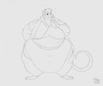 anthro belly belly_overhang beverage big_belly clothed clothing drinking electronics fur hair hand_on_hip headphones holding_beverage holding_object male moobs musical_note musical_symbol navel obese obese_anthro obese_male overweight overweight_anthro overweight_male smile solo standing symbol thick_thighs wide_hips biglovealicia billy_winslow mammal murid murine rat rodent hi_res line_art monochrome