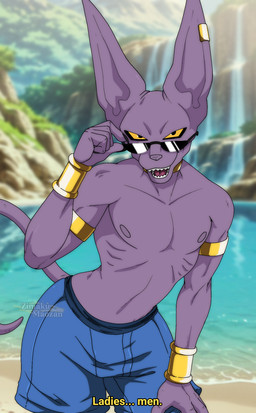 anthro armlet beach clothing dialogue male nipples purple_body purple_skin solo swimming_trunks swimwear zimakum dragon_ball dragon_ball_super beerus domestic_cat felid feline felis mammal absurd_res digital_drawing_(artwork) digital_media_(artwork) hi_res