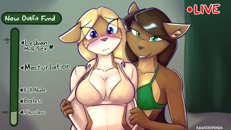 anthro anthro_on_anthro assisted_exposure blue_eyes blush breasts brown_hair clothing collarbone duo female female/female fur green_clothing green_eyes hair looking_at_viewer red_text teeth text topwear undressing_another kanashiipanda book_of_lust mia_woods olivia_hart canid canine canis deer mammal wolf 2026 artist_name