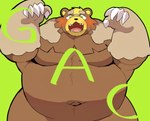 anthro belly black_nose blush brown_body cute_fangs fangs green_background green_eyes kemono looking_at_viewer navel overweight paws simple_background solo teeth text 0119_muu nintendo pokemon pokemon_legends_arceus bear generation_8_pokemon mammal pokemon_(species) ursaluna 2022