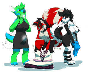 animal_genitalia anthro big_breasts black_body black_penis blue_body blush breasts bulge canine_genitalia clothed clothing dress erection erection_under_clothing genitals green_body group gynomorph intersex knot nipples nude penis red_body stripes tail tail_motion tailwag tenting tongue tongue_out trio underwear white_body rashinba jayjay_idingo sparx_(badgrrl) canid canine canis dingo domestic_dog fox husky mammal mephitid nordic_sled_dog skunk spitz hi_res