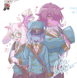 2_horns 4_fingers 5_fingers ambiguous_gender anthro blue_body blue_hair blue_skin blush blush_lines clothed clothing delivery_(commerce) delivery_employee eyewear female fingers floppy_ears freckles fully_clothed fur glasses green_eyewear green_glasses group hair hair_over_eye hat headgear headwear holding_clothing holding_hat holding_headgear holding_headwear holding_letter holding_object horn looking_at_viewer mail male necktie one_eye_obstructed open_mouth open_smile pink_horn postal_carrier postal_delivery postal_uniform purple_body purple_hair purple_skin red_eyes simple_background skin_fang smile teeth text tipping_hat trio uniform wearing_hat white_background white_body white_fur white_hair yellow_eyes yellow_teeth kaimya deltarune undertale_(series) kris_dreemurr ralsei susie_(deltarune) bovid caprine goat human lizard mammal reptile scalie 2025 signature watermark