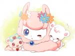 apple blue_eyes blush daww eyelashes eyes_closed female feral flower food fruit fur gem group hair heart_symbol jewelry kemono necklace one_eye_closed open_mouth pink_body pink_fur plant red_eyes ribbons simple_background sleeping white_background white_body white_fur wings wink wool_(fur) young young_feral suzuri32 jewelpet sanrio sega sega_fave angela_(jewelpet) labra_(jewelpet) rosa_(jewelpet) alpaca bear brown_bear camelid mammal polar_bear ursine