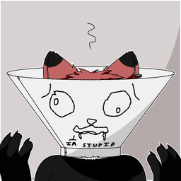 ambiguous_gender anthro black_body black_fur border cone_of_shame drawn_on_face ear_piercing face_covered fur humiliation medical_instrument piercing red_body red_fur scientific_instrument solo text white_body white_border white_fur foxdance canid canine fox mammal 1:1 english_text