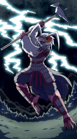 anthro armor detailed_background electricity feet female hammer lightning solo talons thunder toes tools weapon zimakum avian bird absurd_res digital_drawing_(artwork) digital_media_(artwork) hi_res