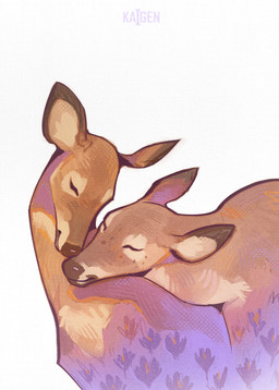 duo eyes_closed female female/female feral feral_on_feral flower freckles fur grey_background nuzzling painterly plant quadruped simple_background smile text tuft kaigen12 deer mammal 2025 artist_name hi_res