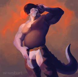 anthro biceps bulge clothed clothing cowboy male muscular muscular_anthro muscular_male pecs smoking solo standing tail topless underwear wowsibart mythology dragon humanoid mythological_creature mythological_scalie scalie absurd_res hi_res