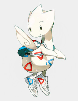 ambiguous_gender backpack blue_body clothed clothing eyebrows footwear markings raised_eyebrows red_body shoes simple_background smile sneakers solo white_background white_body wings esasi8794 nintendo pokemon generation_2_pokemon pokemon_(species) togetic