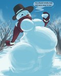 black_clothing black_hat black_headwear clothing female hat headgear headwear outside pregnant red_scarf scarf snow_balls snowman solo text 6saw789 humanoid snowman_(species) 2024 english_text hi_res story story_in_description