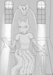 anthro castle chair clothing container crenelations cup dress eyelashes female furniture goblet inner_ear_fluff melee_weapon on_chair rug shirt sitting sitting_on_chair solo sword tail throne topwear tuft weapon window fluxfoxart redwall silvamord_(redwall) canid canine fox mammal absurd_res greyscale hi_res monochrome shaded signature