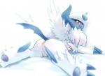 anus blue_body blush butt chest_tuft feathered_wings feathers female feral fur genitals hair horn lying neck_tuft nude on_front presenting pussy simple_background solo tuft white_background white_body white_fur wings rag._(artist) third-party_edit nintendo pokemon generation_6_pokemon mega_absol mega_evolution pokemon_(species)