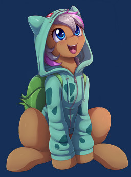 backpack blue_eyes blush clothed clothing eyebrows eyelashes female feral grey_hair hair hood hoodie hooves jacket looking_up multicolored_hair open_mouth open_smile purple_hair simple_background sitting smile solo teeth tongue topwear transparent_background two_tone_hair zipper evomanaphy hasbro my_little_pony nintendo pokemon fan_character bulbasaur equid generation_1_pokemon mammal pokemon_(species) 2018 absurd_res alpha_channel crossover hi_res portrait