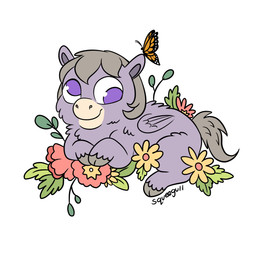ambiguous_feral ambiguous_gender derp_eyes feral flower fur grey_hair grey_hooves grey_tail hair hooves mouth_closed plant purple_body purple_eyes purple_fur simple_background smile tail text white_background wings young young_ambiguous young_feral squeegull fluffy_pony mythology ambient_arthropod ambient_butterfly ambient_insect equid equine fluffy_pony_(species) mammal mythological_creature mythological_equine pegasus 1:1 2025 artist_name digital_media_(artwork) flat_colors hi_res
