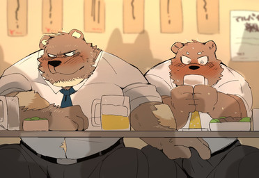 alcohol anthro beer belly beverage black_nose blush bodily_fluids bottomwear bulge bulge_fondling clothing drunk duo exhibitionism kemono male male/male overweight overweight_male pants public shirt sitting substance_intoxication sweat topwear hyaku_(artist) inokuma bear mammal 2020
